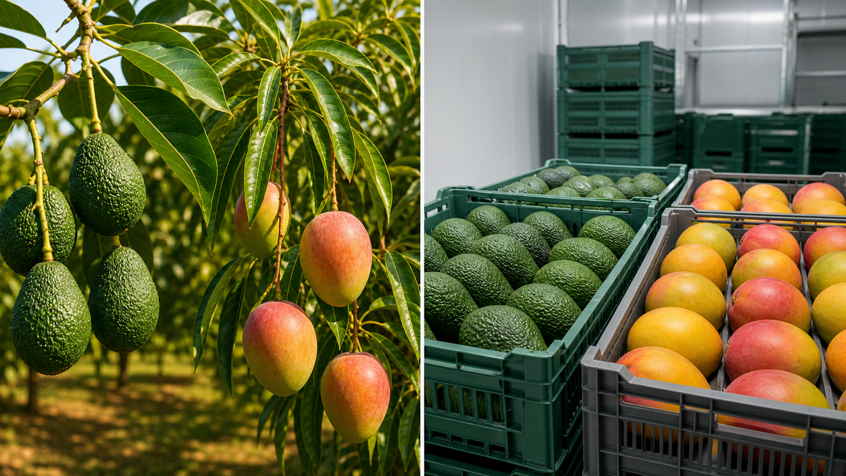 Dalındaki avokado ve mango ile depodaki meyvelerin karşılaştırması