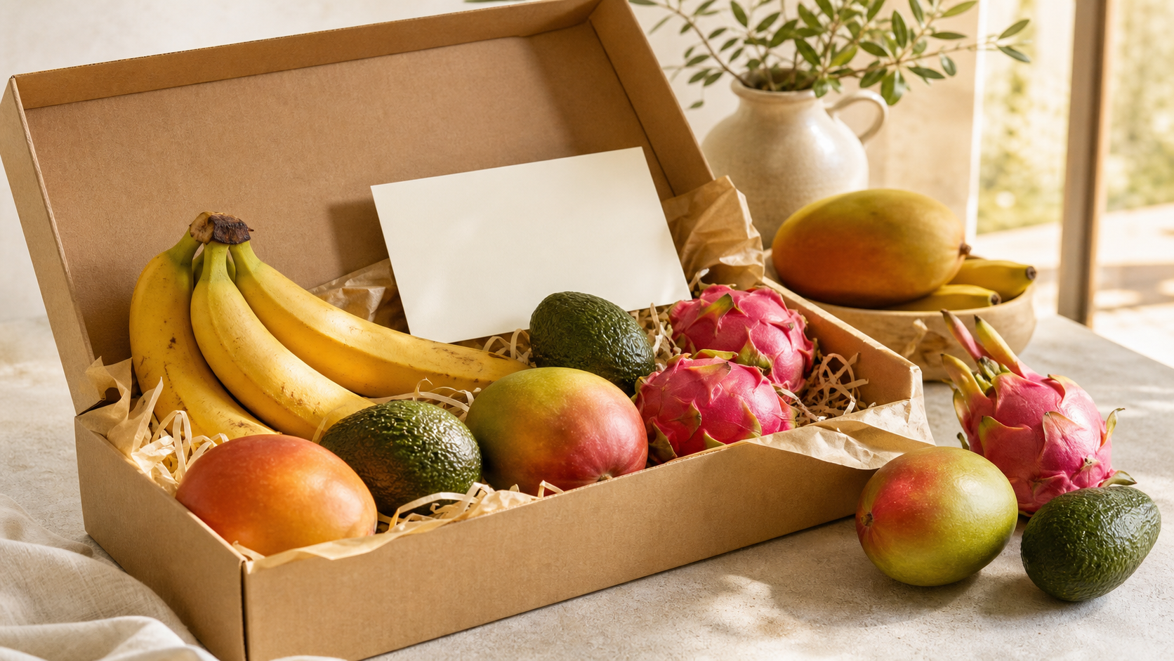 Ev ve hediye için muz, avokado, mango ve pitayalı tropikal meyve kutusu
